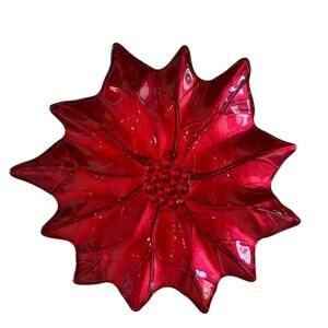 4 Akcam Turkish Glass Red Shimmer Poinsettia 8" Plate Set of 4 Christmas Holiday